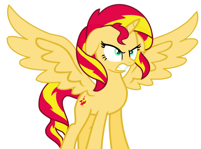 Size: 1765x1312 | Tagged: safe, artist:mighty355, derpibooru import, sunset shimmer, alicorn, pony, twilight's kingdom, alicornified, angry, floppy ears, glare, gritted teeth, race swap, shimmercorn, simple background, solo, spread wings, standing, transparent background, vector, wings