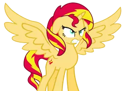 Size: 1765x1312 | Tagged: safe, artist:mighty355, derpibooru import, sunset shimmer, alicorn, pony, twilight's kingdom, alicornified, angry, floppy ears, glare, gritted teeth, race swap, shimmercorn, simple background, solo, spread wings, standing, transparent background, vector, wings