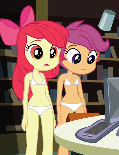 Size: 400x520 | Tagged: suggestive, derpibooru import, edit, edited screencap, screencap, apple bloom, scootaloo, equestria girls, equestria girls (movie), belly button, bland expression, bra, breasts, clothes, computer, library, panties, show accurate, underwear, underwear edit