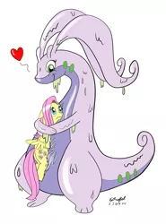 Size: 900x1218 | Tagged: safe, artist:cartoon-eric, derpibooru import, fluttershy, goodra, pony, crossover, duo, hug, pokémon, slime