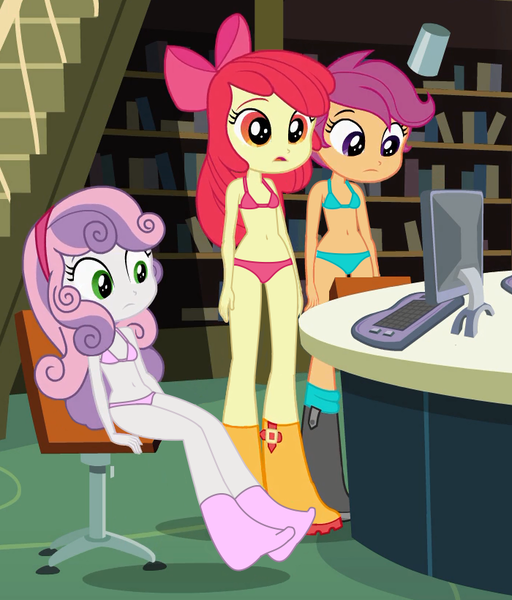 Size: 700x820 | Tagged: suggestive, derpibooru import, edit, edited screencap, screencap, apple bloom, scootaloo, sweetie belle, equestria girls, equestria girls (movie), belly button, bland expression, blue underwear, boots, bra, breasts, clothes, cutie mark crusaders, panties, pink underwear, red underwear, shoes, show accurate, underwear, underwear edit