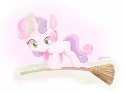 Size: 2000x1500 | Tagged: artist:sion, balancing, broom, derpibooru import, flying, flying broomstick, levitation, looking at you, magic, riding, safe, solo, sweetie belle, sweetie belle's magic brings a great big smile, telekinesis