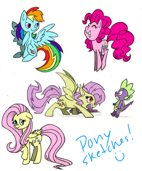 Size: 904x1086 | Tagged: safe, artist:drey15, derpibooru import, fluttershy, pinkie pie, rainbow dash, spike, bat pony, pony, bats!, bat ponified, eyes closed, flutterbat, race swap, sketch, sketch dump