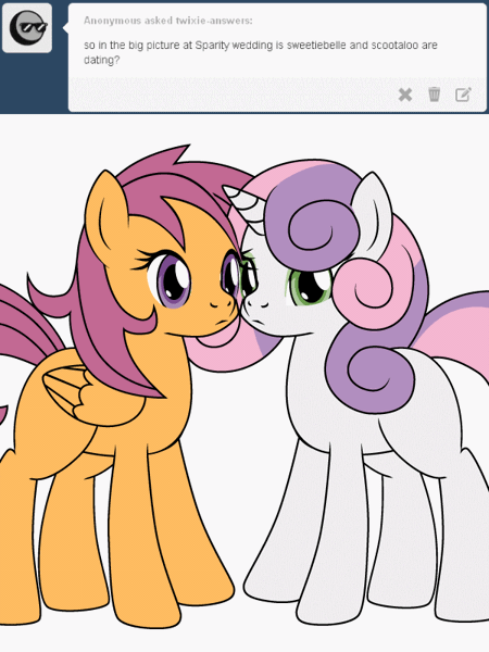 Size: 600x800 | Tagged: safe, artist:dekomaru, derpibooru import, scootaloo, sweetie belle, pegasus, pony, unicorn, tumblr:ask twixie, :<, animated, ask, blank flank, cute, cutealoo, diasweetes, female, fluffle puffing, frown, gif, lesbian, licking, looking at you, mare, meme, mlem, older, poni licking poni, scootabelle, shipping, silly, simple background, text, tongue out, tumblr, white background