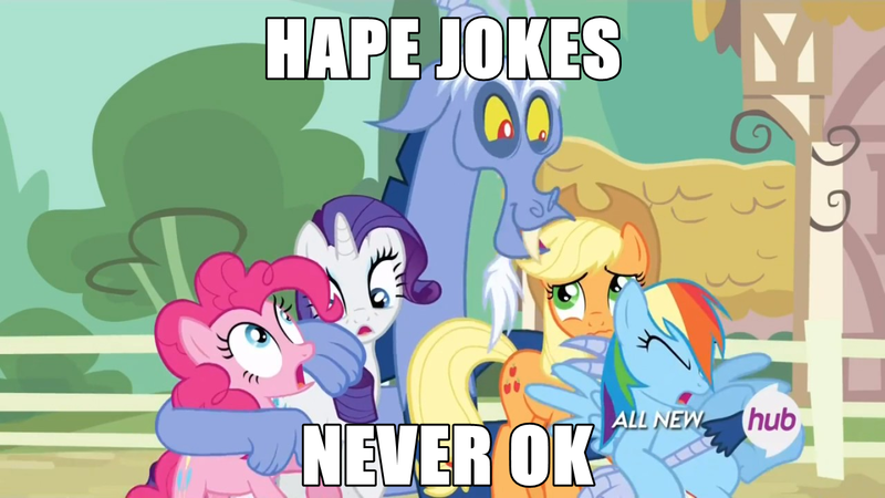 Size: 1280x720 | Tagged: applejack, caption, derpibooru import, discord, drama, hape, hape joke, hug, image macro, joke, meme, mouthpiece, no fun allowed, parody, pinkie pie, rainbow dash, rape joke, rarity, safe, screencap, social justice, text, three's a crowd