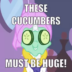 Size: 640x640 | Tagged: caption, cucumber, derpibooru import, food, green isn't your color, grin, image macro, meme, mud mask, rarity, safe, screencap, smiling, solo, text