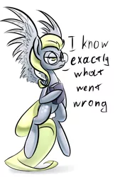 Size: 1131x1748 | Tagged: safe, artist:underpable, derpibooru import, derpy hooves, pegasus, pony, alternate hairstyle, book, bright eyes (mirror universe), dark mirror universe, equestria-3, female, flying, frown, glare, glasses, hoof hold, i just don't know what went wrong, i know exactly what went wrong, mare, mirror universe, simple background, solo, spread wings, subverted meme, underp, wings