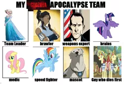 Size: 1072x732 | Tagged: safe, derpibooru import, flam, flim, fluttershy, rainbow dash, twilight sparkle, twilight sparkle (alicorn), alicorn, pony, apocalypse team, crossover, elsa, female, flim flam brothers, frozen (movie), godzilla (series), godzilla 2014, korra, mare, meme, steven woods, the legend of korra, zombie apocalypse team