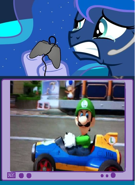 Size: 440x600 | Tagged: death stare, derpibooru import, exploitable meme, gamer luna, luigi, luigi's death stare, mario kart, mario kart 8, meme, nintendo, obligatory pony, princess luna, safe, super mario bros., tv meme