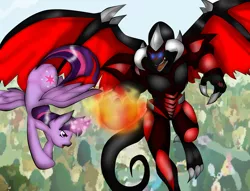 Size: 3284x2509 | Tagged: artist needed, safe, derpibooru import, twilight sparkle, twilight sparkle (alicorn), alicorn, dragon, pony, crossover, female, fight, fire, flying, mare, picture, ponyville, red demon's dragon, red dragon archfiend, story, versus, yu-gi-oh!, yu-gi-oh! 5d's