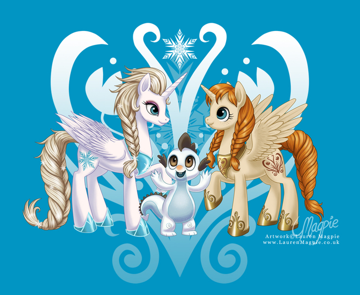 Size: 930x762 | Tagged: safe, artist:laurenmagpie, derpibooru import, ponified, alicorn, dragon, pony, anna, dragonified, elsa, frozen (movie), olaf, species swap