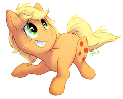 Size: 887x718 | Tagged: safe, artist:c-puff, derpibooru import, applejack, applejack (g1), pony, cute, g1, g1 to g4, generation leap, hatless, jackabetes, missing accessory, prone, silly, silly pony, simple background, solo, transparent background, who's a silly pony