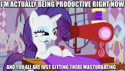 Size: 704x396 | Tagged: and i'm just sitting here masturbating, animated, bronybait, caption, carousel boutique, derpibooru import, edit, edited screencap, i have done nothing productive all day, image macro, meme, mouth hold, pencil, pincushion, productive, rarity, screencap, sewing machine, solo, source needed, suggestive, text