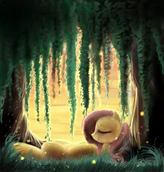 Size: 1143x1200 | Tagged: artist:yukomaussi, derpibooru import, eyes closed, firefly (insect), fluttershy, grass, insect, lying, on back, safe, sleeping, solo, sunset, tree, under the tree