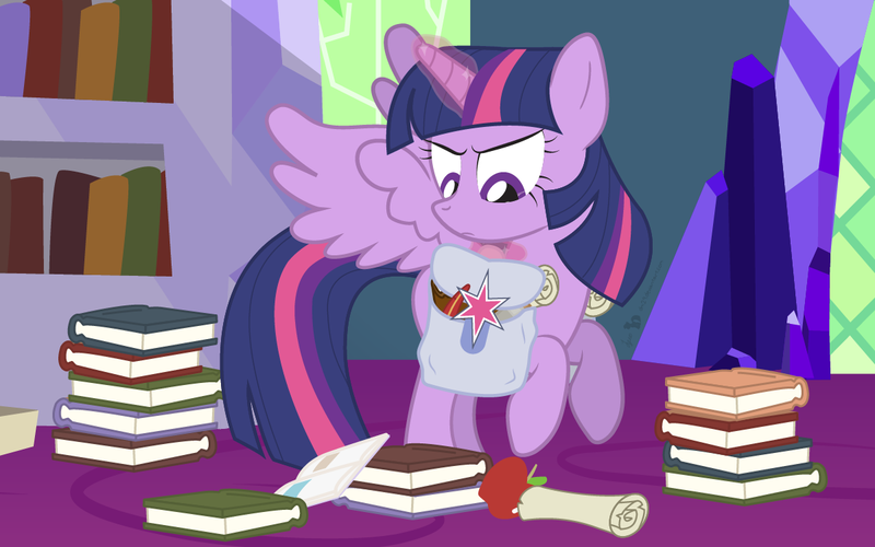 Size: 1200x750 | Tagged: safe, artist:dm29, derpibooru import, twilight sparkle, twilight sparkle (alicorn), alicorn, pony, apple, bag, book, bookhorse, female, food, magic, mare, packing, saddle bag, scroll, solo, twilight's castle