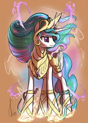 Size: 1000x1400 | Tagged: armor, artist:valcron, derpibooru import, mega evolution, parody, pokémon, princess celestia, ribbon, safe, solo, warrior, warrior celestia