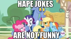 Size: 1260x700 | Tagged: applejack, blue flu, caption, derpibooru import, discord, hape, hubble, hub logo, hug, image macro, impact font, meme, pinkie pie, rainbow dash, rarity, safe, text, three's a crowd