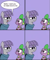 Size: 816x979 | Tagged: artist:epulson, bedroom eyes, blushing, comic, derpibooru import, edit, female, implied foalcon, male, maud and spike's chat, maud pie, maudspike, mike, open mouth, raised eyebrow, shipping, smiling, spike, straight, suggestive