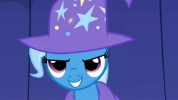 Size: 1280x720 | Tagged: safe, derpibooru import, trixie, pony, unicorn, clothes, female, hat, looking at you, magic, mare, smiling, solo, trixie's hat, u mad