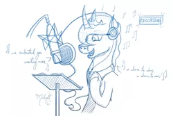 Size: 1100x733 | Tagged: artist:midnightsix3, derpibooru import, headphones, lunadoodle, microphone, monochrome, princess luna, recording, safe, singing, solo, you'll play your part