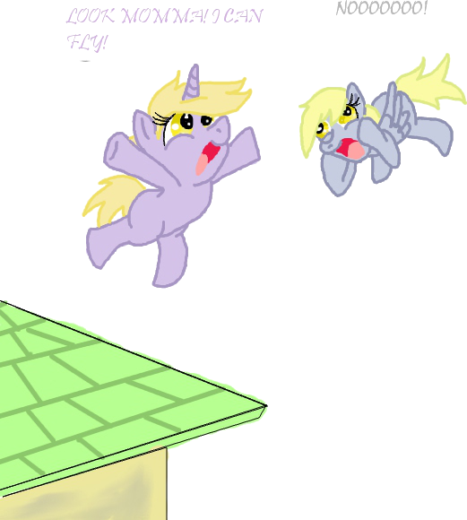 Size: 521x580 | Tagged: safe, artist:kisashika, derpibooru import, derpy hooves, dinky hooves, pegasus, pony, unicorn, derp, equestria's worst mother, female, filly, frown, horrified, jumping, mare, open mouth, roof, simple background, squishy cheeks, this will end in tears, too dumb to live, transparent background, wide eyes