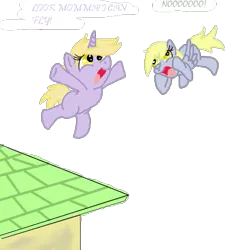 Size: 521x580 | Tagged: safe, artist:kisashika, derpibooru import, derpy hooves, dinky hooves, pegasus, pony, unicorn, derp, equestria's worst mother, female, filly, frown, horrified, jumping, mare, open mouth, roof, simple background, squishy cheeks, this will end in tears, too dumb to live, transparent background, wide eyes