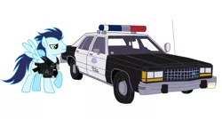 Size: 1024x548 | Tagged: artist:artistbrony, car, crown victoria, derpibooru import, ford, police, police car, police officer, police uniform, safe, soarin', solo