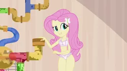 Size: 1280x720 | Tagged: suggestive, derpibooru import, edit, edited screencap, screencap, fluttershy, equestria girls, equestria girls (movie), bedroom eyes, belly button, bra, breast edit, breasts, cleavage, clothes, exhibitionism, female, frilly underwear, hamster habitat, lingerie, panties, pink underwear, solo, solo female, underwear, underwear edit, white underwear