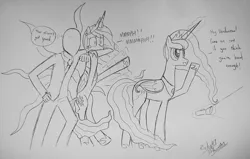 Size: 1833x1165 | Tagged: artist:ricky47, derpibooru import, flashlight (object), grayscale, human, magic, monochrome, princess celestia, princess luna, safe, slenderman, telekinesis, traditional art