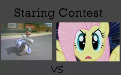 Size: 1280x800 | Tagged: derpibooru import, fluttershy, luigi, luigi's death stare, mario kart, mario kart 8, meme, nintendo, safe, stare, stare master, staring contest, super mario bros., the stare