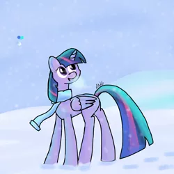 Size: 1500x1500 | Tagged: safe, artist:mang, derpibooru import, twilight sparkle, twilight sparkle (alicorn), alicorn, pony, clothes, female, mare, scarf, snow, snowfall, solo, winter