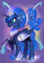 Size: 983x1400 | Tagged: artist:valcron, derpibooru import, horn, horn jewelry, horn ring, jewelry, mega evolution, pokémon, princess luna, raised hoof, ring, safe, smiling, solo, wing jewelry