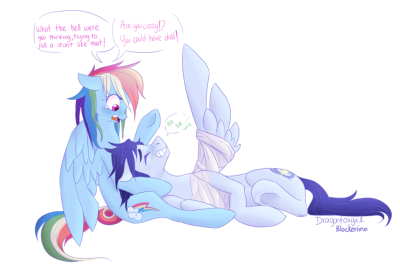 Size: 1024x686 | Tagged: safe, artist:dragonfoxgirl, artist:flower-power-love, derpibooru import, rainbow dash, soarin', rainbow falls, bandage, blushing, crying, cute, dialogue, eyes closed, female, injured, laughing, lying, male, shipping, side, simple background, sitting, smiling, soarindash, spread wings, straight, transparent background, wings, worried