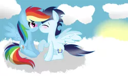 Size: 1024x610 | Tagged: safe, artist:sparkle-bliss, derpibooru import, rainbow dash, soarin', blushing, boop, cloud, cloudy, eyes closed, female, male, nervous, noseboop, nuzzling, raised hoof, shipping, sitting, sky, smiling, soarindash, spread wings, straight, sun, wings