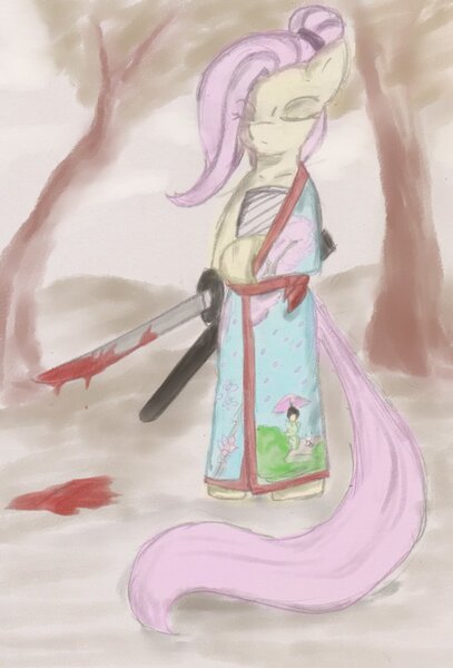 Size: 736x1086 | Tagged: safe, artist:magello, derpibooru import, fluttershy, pony, badass, bipedal, blood, clothes, eyes closed, flutterbadass, kimono (clothing), ronin, samurai, solo, sword, traditional art, weapon