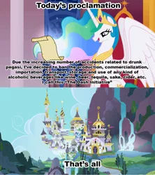 Size: 1021x1149 | Tagged: alcohol, canterlot, celestia's proclamation, cider, derpibooru import, exploitable meme, implied rainbow dash, meme, princess celestia, prohibition, safe