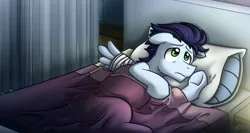 Size: 2435x1300 | Tagged: safe, artist:bcpony, derpibooru import, soarin', pegasus, pony, rainbow falls, bandage, bed, cute, injured, laying on bed, lonely soarin', male, on bed, solo, stallion