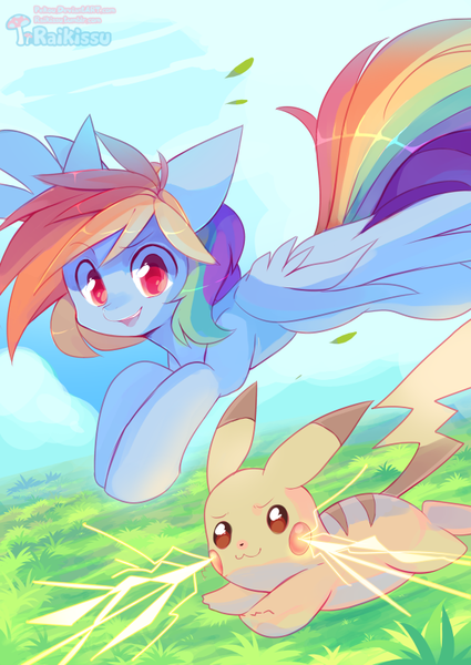 Size: 585x826 | Tagged: artist:pekou, derpibooru import, pikachu, pokémon, rainbow dash, safe