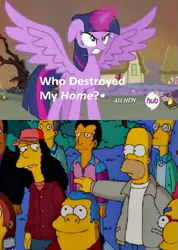 Size: 427x600 | Tagged: safe, derpibooru import, twilight sparkle, twilight sparkle (alicorn), alicorn, pony, twilight's kingdom, chief wiggum, doctor frink, exploitable meme, female, golden oaks library, homer simpson, hub logo, mare, meme, obligatory pony, otto mann, the simpsons, who destroyed twilight's home