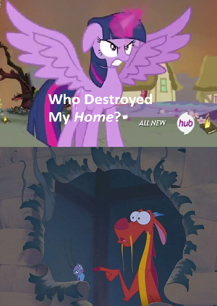 Size: 427x600 | Tagged: safe, derpibooru import, twilight sparkle, twilight sparkle (alicorn), alicorn, pony, twilight's kingdom, cri-kee, exploitable meme, female, golden oaks library, hub logo, hubble, mare, meme, mulan, mushu, obligatory pony, who destroyed twilight's home