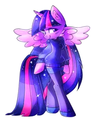 Size: 500x650 | Tagged: alicorn, anthro, artist:kaji-tanii, blushing, clothes, derpibooru import, safe, solo, stockings, sweater, thigh highs, twilight sparkle, twilight sparkle (alicorn)