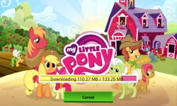 Size: 800x480 | Tagged: safe, derpibooru import, apple bloom, apple pie (character), apple split, applejack, babs seed, big macintosh, granny smith, half baked apple, perfect pie, earth pony, pony, apple family, apple family member, barn, cutie mark, female, filly, game, gameloft, male, spoiler, stallion, sweet apple acres