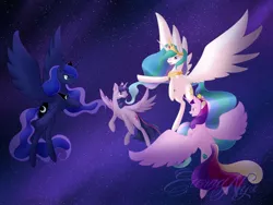 Size: 1032x774 | Tagged: safe, artist:erinkarsath, derpibooru import, princess cadance, princess celestia, princess luna, twilight sparkle, twilight sparkle (alicorn), alicorn, pony, twilight's kingdom, alicorn tetrarchy, female, flying, mare, open mouth, scene interpretation, singing, you'll play your part