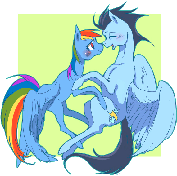 Size: 570x568 | Tagged: safe, artist:pasikon, derpibooru import, rainbow dash, soarin', blushing, boop, cute, eyes closed, female, flying, hug, male, noseboop, old cutie mark, open mouth, pixiv, shipping, smiling, soarindash, spread wings, straight, wings