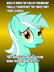 Size: 625x833 | Tagged: caption, conspiracy lyra, derpibooru import, exploitable meme, hearth's warming eve, hearth's warming eve (episode), image macro, lyra heartstrings, meme, safe, solo, text