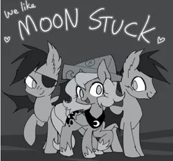 Size: 500x465 | Tagged: safe, artist:kolshica, artist:pasikon, derpibooru import, princess luna, oc, oc:frolicsome meadowlark, oc:sunshine smiles (egophiliac), bat pony, pony, moonstuck, cartographer's cap, female, filly, grayscale, hat, monochrome, woona, younger