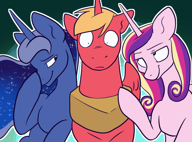 Size: 770x568 | Tagged: safe, artist:pixel-prism, derpibooru import, big macintosh, princess cadance, princess luna, alicorn, pony, twilight sparkle's secret shipfic folder, adultery, alicornified, bedroom eyes, big macintosh gets all the mares, cadmac, female, frown, infidelity, lunamac, male, princess big mac, race swap, shipping, smiling, straight, wide eyes