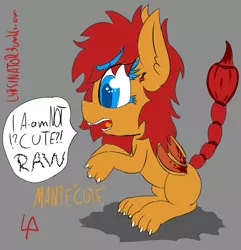 Size: 1003x1039 | Tagged: 30 minute art challenge, artist:magical disaster, cute, derpibooru import, i'm not cute, manticore, paws, rawr, rule 63, safe, sitting, solo