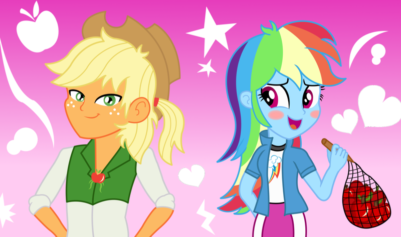 Size: 1024x607 | Tagged: safe, artist:superfluttershy100, derpibooru import, applejack, rainbow dash, equestria girls, apple, appledash, appledash (straight), applejack (male), blushing, equestria guys, female, food, half r63 shipping, lesbian, male, rule 63, shipping, straight