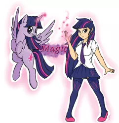 Size: 1428x1481 | Tagged: safe, artist:silver1kunai, derpibooru import, twilight sparkle, twilight sparkle (alicorn), alicorn, human, pony, clothes, human ponidox, humanized, magic, school uniform, self ponidox